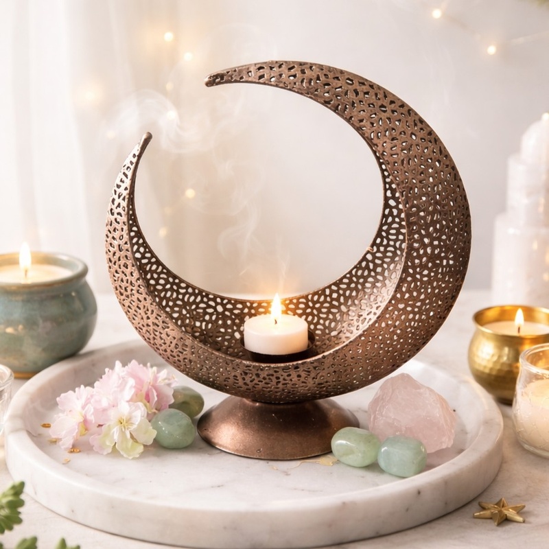 Antiqued Metal Crescent Moon Tealight Holder