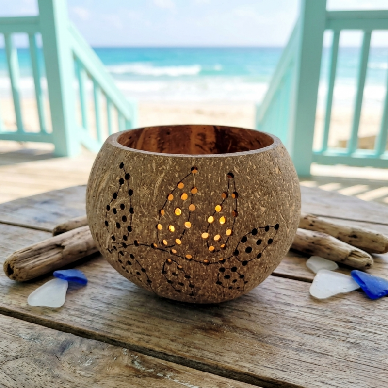 Tea Light Holder - Coconut Bowl Leaf Design