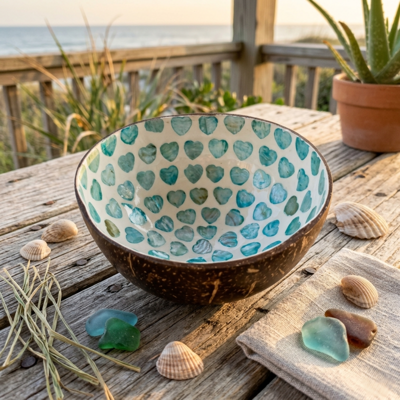 Shell Coconut Bowl with Capiz Shell Inlay