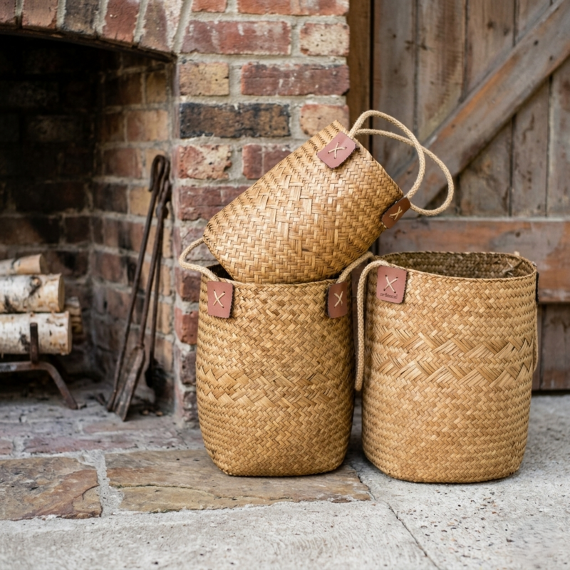 Handwoven Natural Straw Barrel Basket Set
